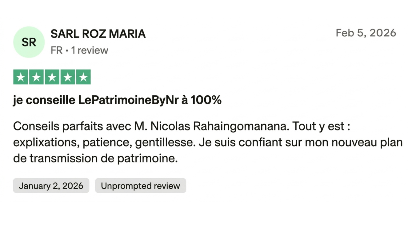 Avis Trustpilot 5 étoiles — SARL ROZ MARIA conseille LePatrimoineByNR